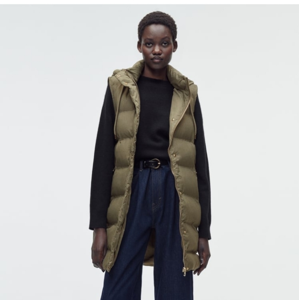 All Season ZARA long zip & snap front "hooded padded vest" sz L